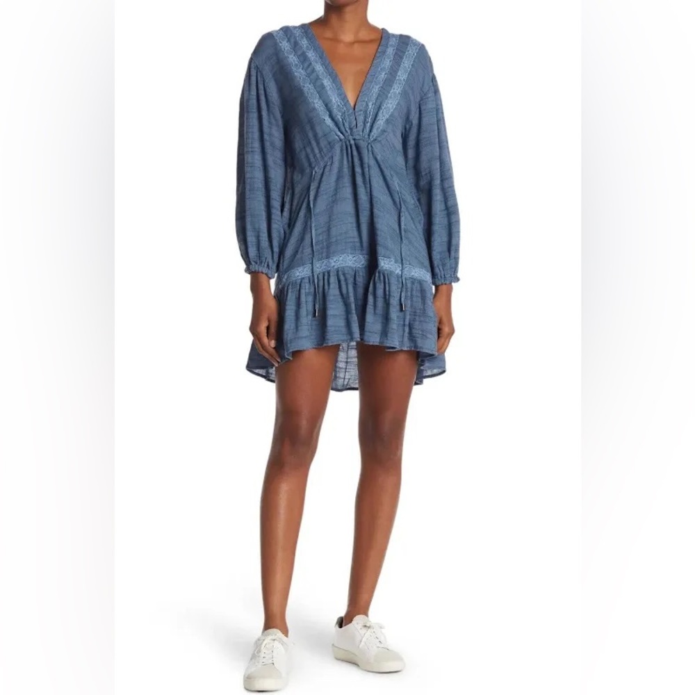 NWT Free People Rugged Beauty Lace Panel Swing Dress Sky Wash Sz XS